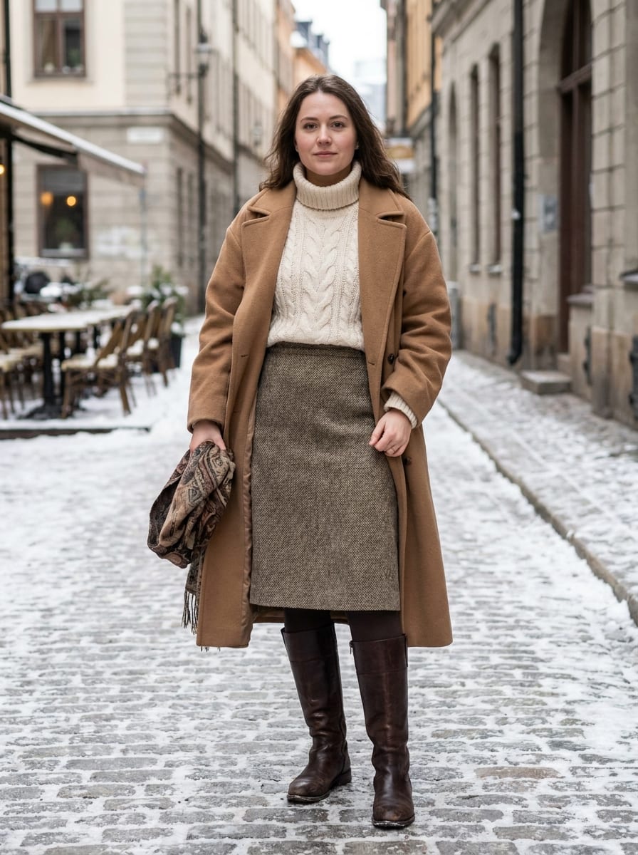 Wollrock mit Strickpullover und hohen Boots - Winter Outfit Damen 2026